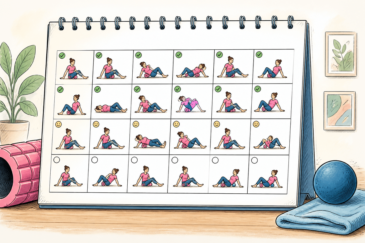 Monatskalender mit eingetragenen Faszien-Übungen für einen 30-Tage-Trainingsplan