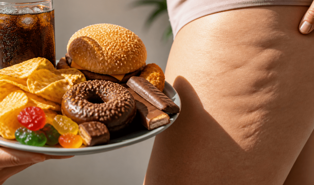 Schatten von ungesunden Lebensmitteln auf einem weiblichen Oberschenkel mit Cellulite, symbolisiert negative Auswirkungen der Ernährung auf die Haut.