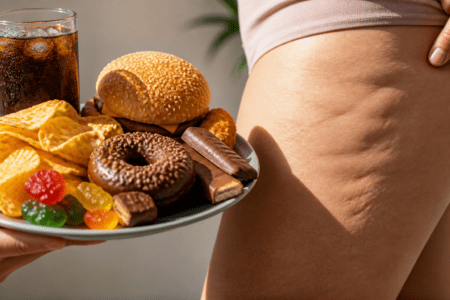 Schatten von ungesunden Lebensmitteln auf einem weiblichen Oberschenkel mit Cellulite, symbolisiert negative Auswirkungen der Ernährung auf die Haut.