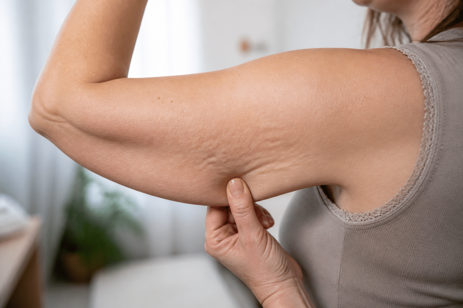 Nahaufnahme des Oberarms einer Frau, die natürliche Hauttextur und leichte Anzeichen von Cellulite zeigt.