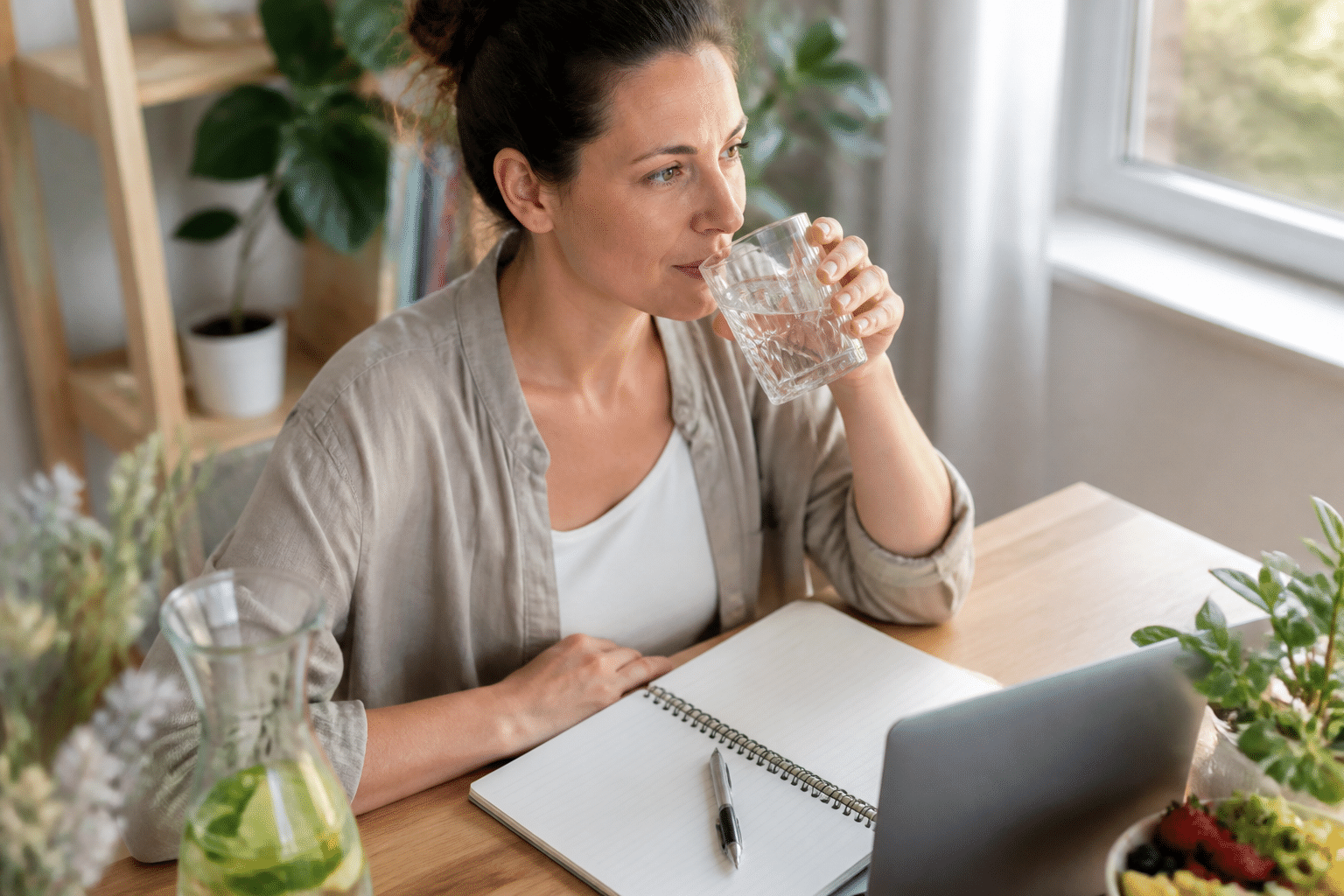 Eine Frau trinkt bewusst ein Glas Wasser am Schreibtisch, als Symbol für Hydration und die persönliche Empfehlung zur Stärkung des Bindegewebes.