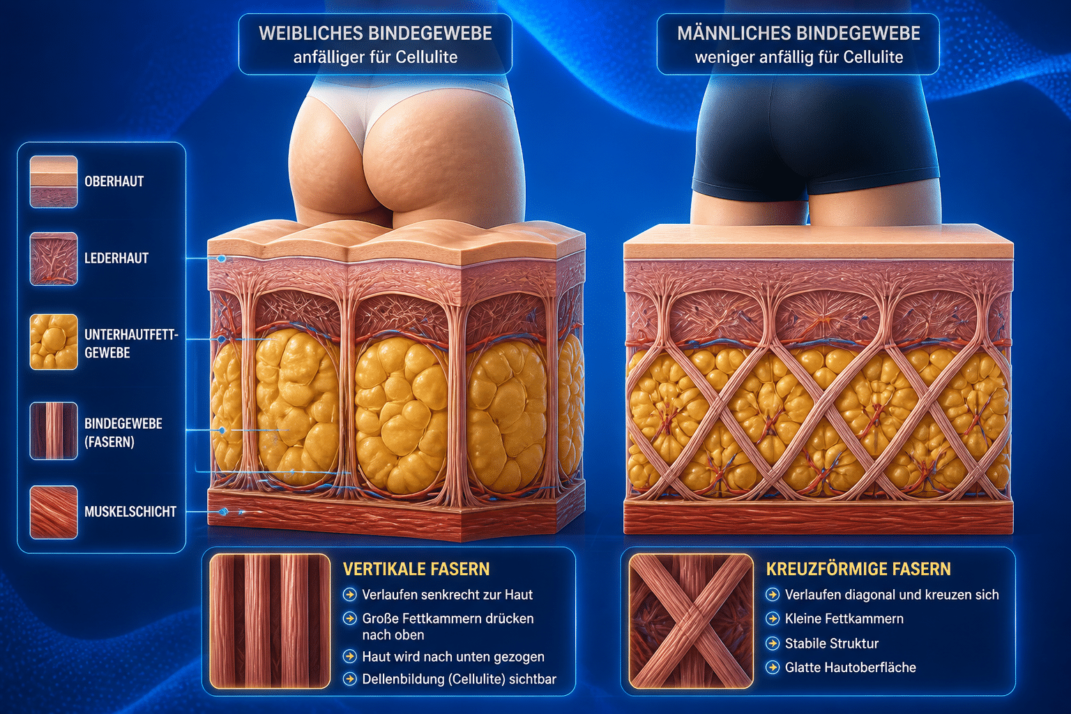 Schematische Infografik zeigt den Unterschied zwischen weiblichem und männlichem Bindegewebe, erklärt Entstehung von Cellulite.