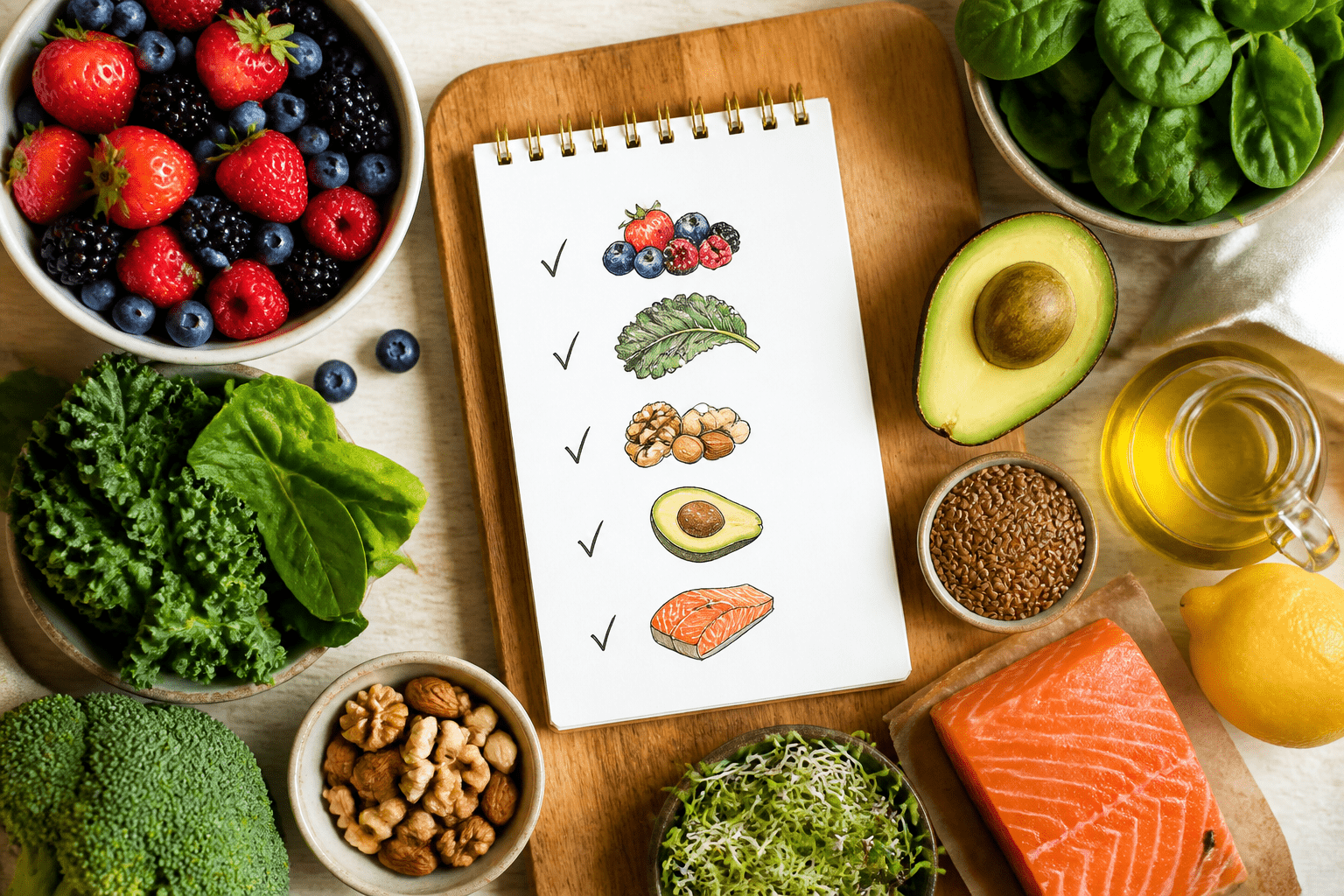 Handgeschriebene Einkaufsliste für 'Gewebe-Booster' umgeben von frischen Beeren, grünem Gemüse und Nüssen auf einem Holzbrett. Handgeschriebene Einkaufsliste für 'Gewebe-Booster' umgeben von frischen Beeren, grünem Gemüse und Nüssen auf einem Holzbrett.