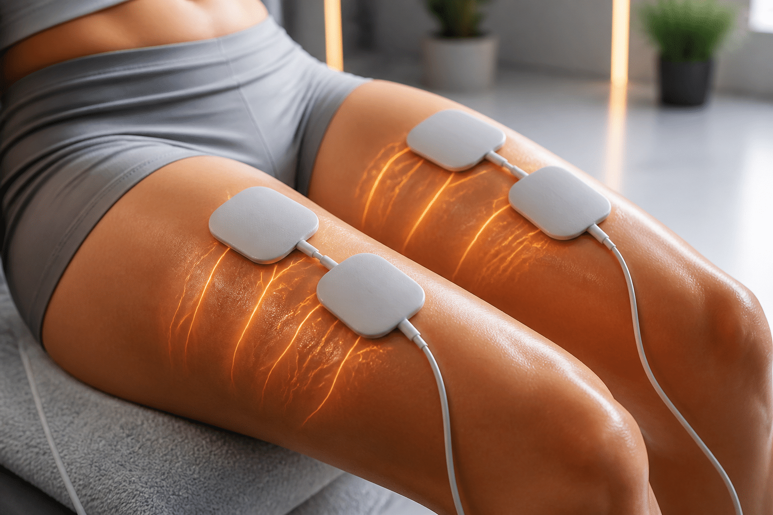 Oberschenkel mit EMS-Elektroden, die pulsierende Muskelaktivität unter der Haut zeigen