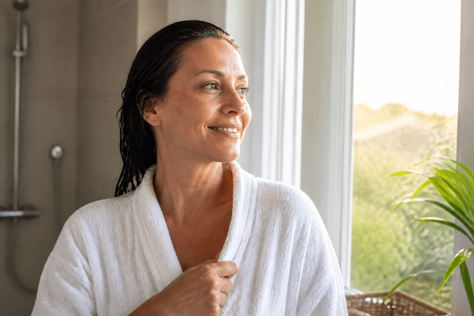 Eine Frau mit feuchtem Haar und Morgenmantel blickt erfrischt und energiegeladen aus dem Fenster, bereit für den Tag nach einer kalten Dusche.