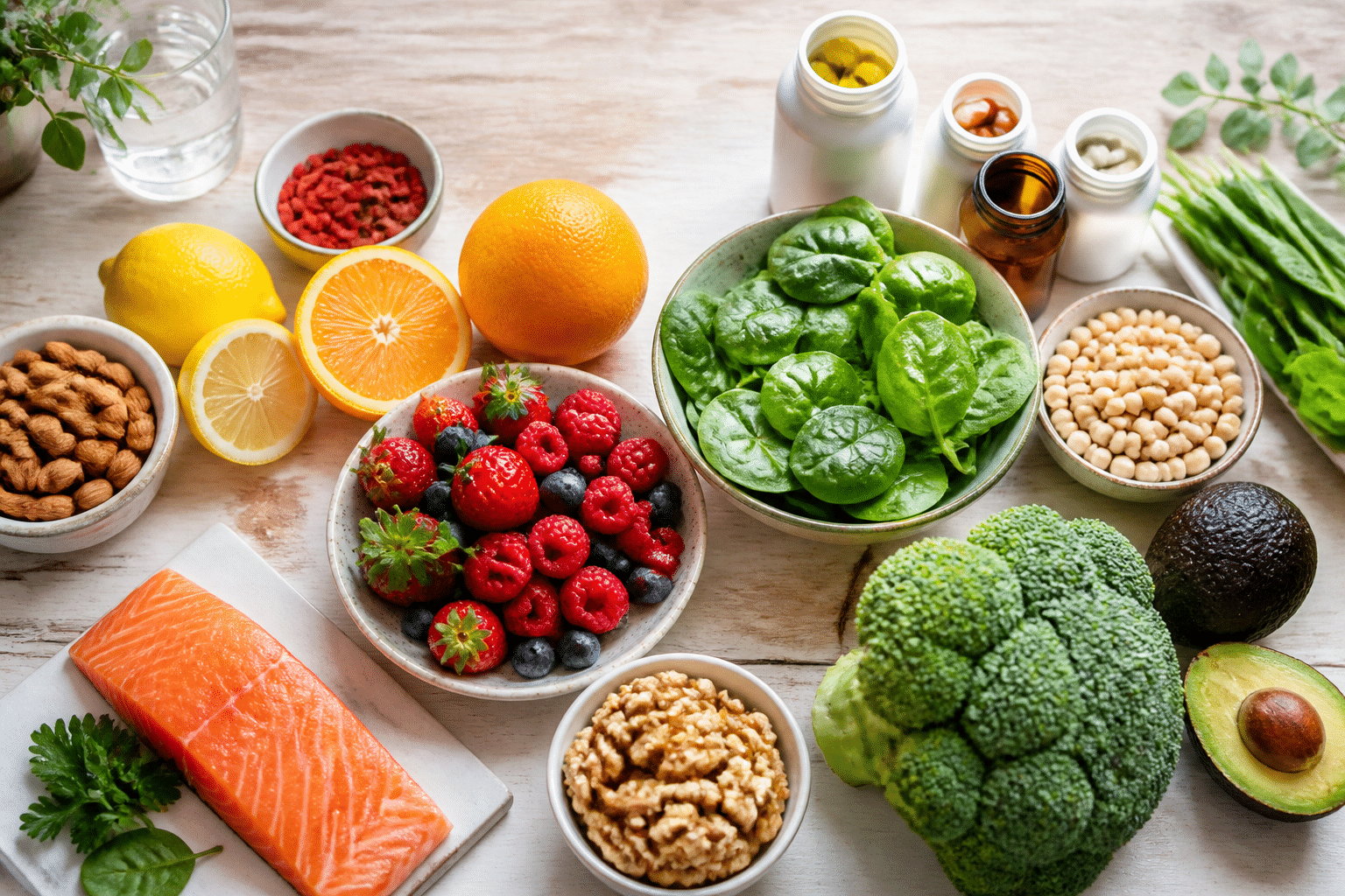 Eine appetitliche Anordnung von gesunden Lebensmitteln wie Beeren, Zitrusfrüchten, Gemüse und Fisch, die das Bindegewebe stärken.