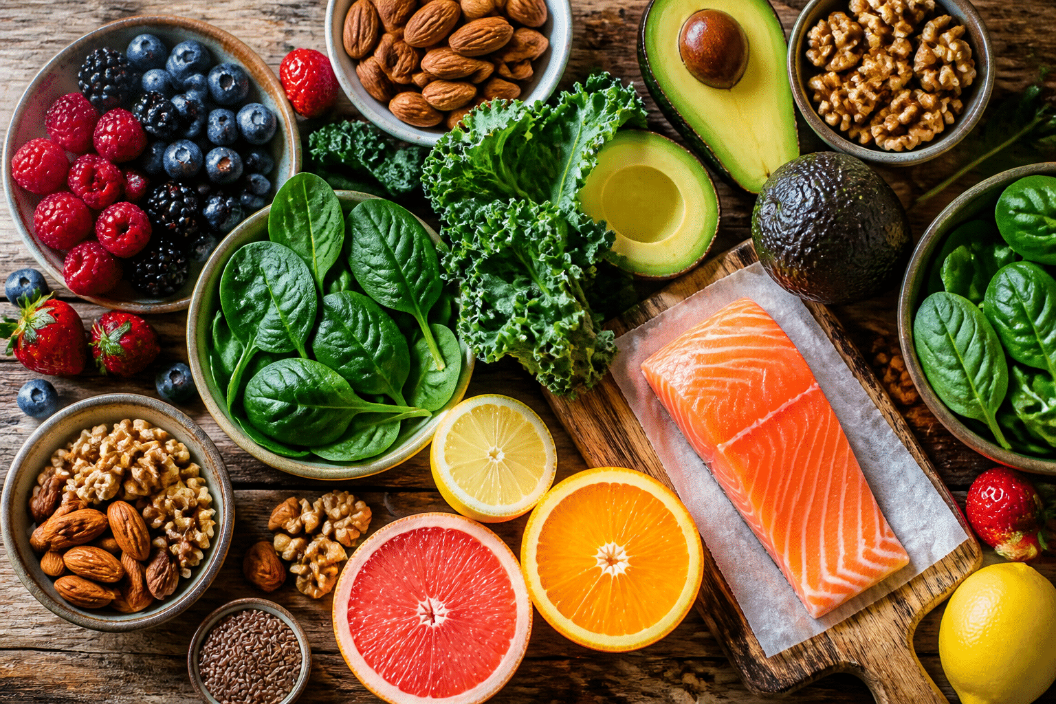 Bindegewebe stärken - Frische, bunte Lebensmittel wie Beeren, Nüsse, grünes Gemüse und Fisch, appetitlich auf einem Holztisch arrangiert, symbolisieren eine bindegewebsstärkende Ernährung.