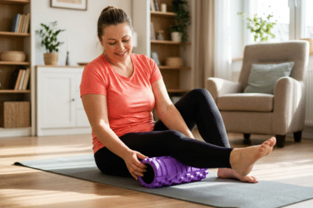 Frau mit Übergewicht startet motiviert Faszien-Training zuhause mit einer Faszienrolle
