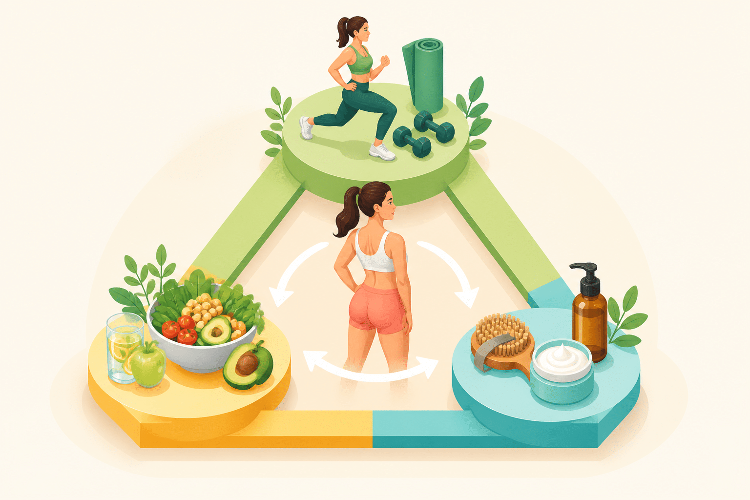 Infografik zeigt die drei Säulen Sport, Ernährung und Pflege als ganzheitliche Strategie gegen Cellulite.