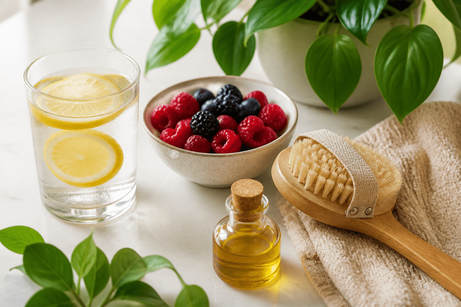 Stillleben mit Wasser, Obst, Trockenbürste und Massageöl als Symbole für ganzheitliche Hautpflege