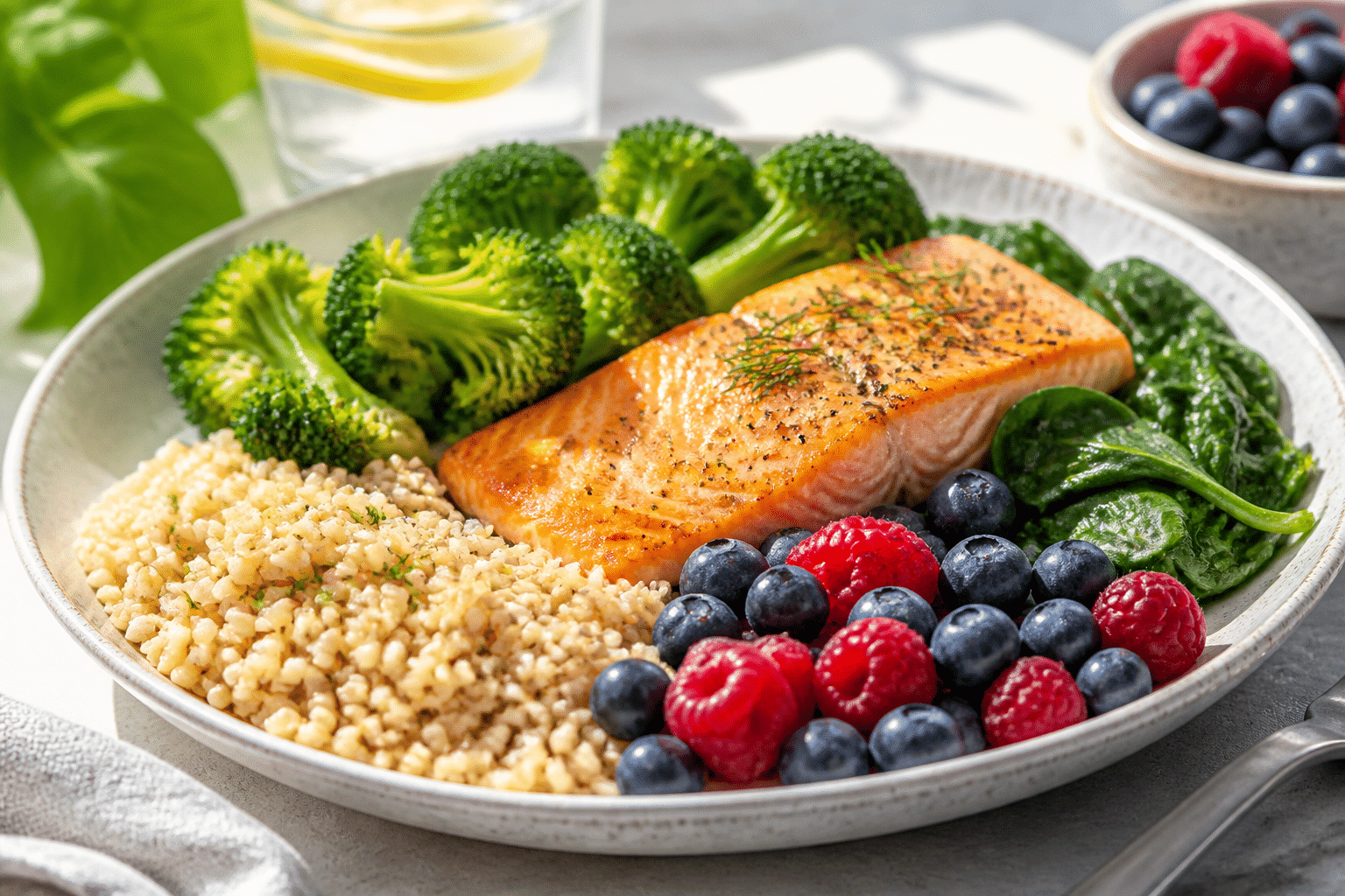 Gesunder Teller mit Lachs, Brokkoli und Beeren als Teil einer Anti-Cellulite-Ernährung.