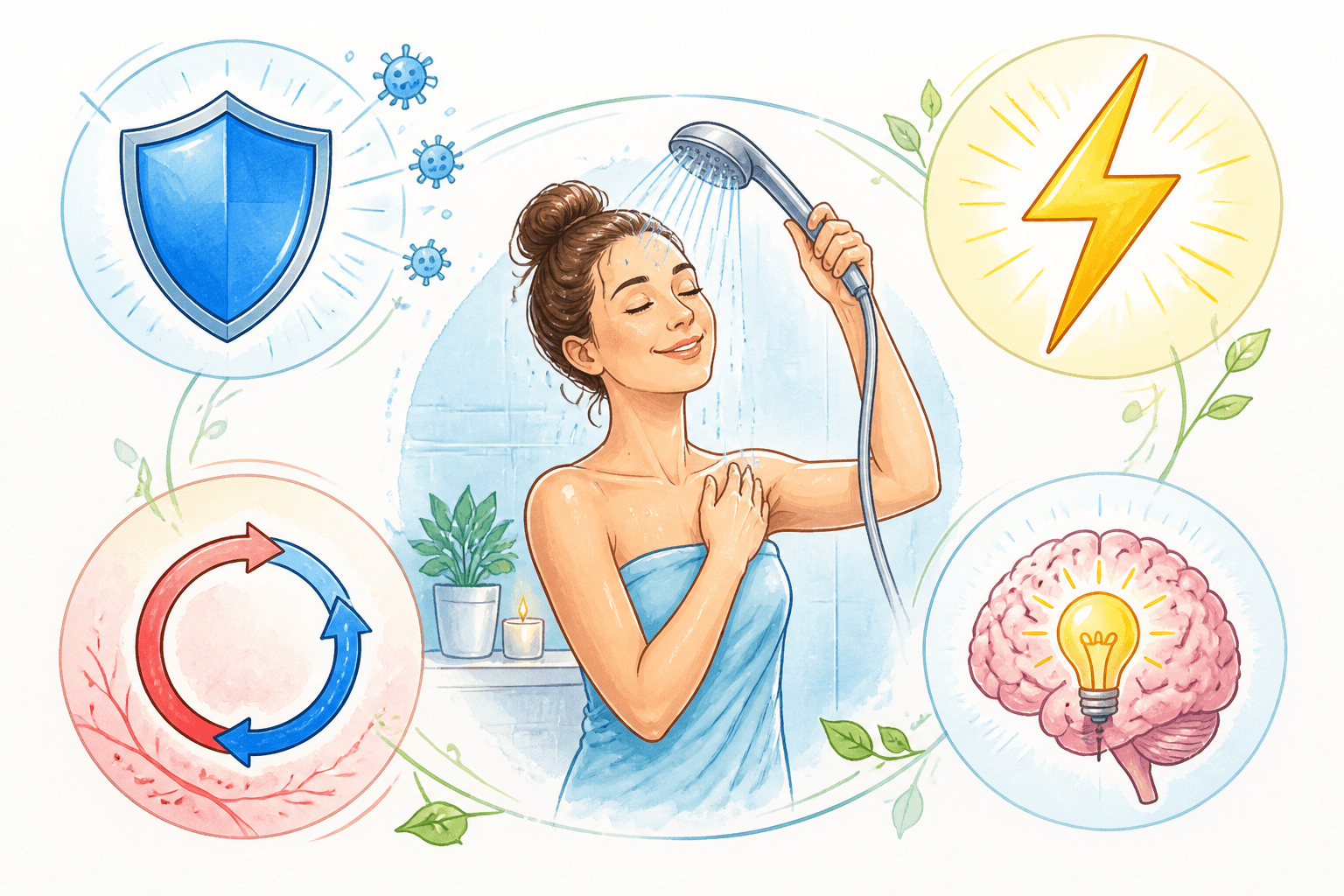 Eine illustrierte Collage mit Symbolen für Immunsystem, Energie, Durchblutung und geistige Klarheit, die die ganzheitlichen Vorteile von Kältereizen darstellt.