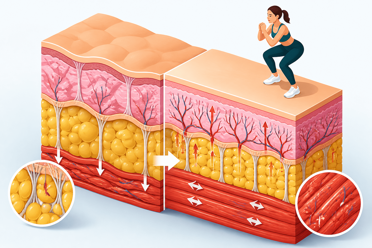 Infografik zeigt Hautschichten, Bindegewebe und Muskeln, wie Sport Cellulite beeinflusst