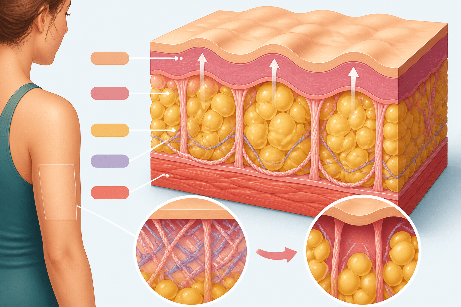 Infografik der Hautschichten und des Bindegewebes am Oberarm, erklärt die Entstehung von Cellulite