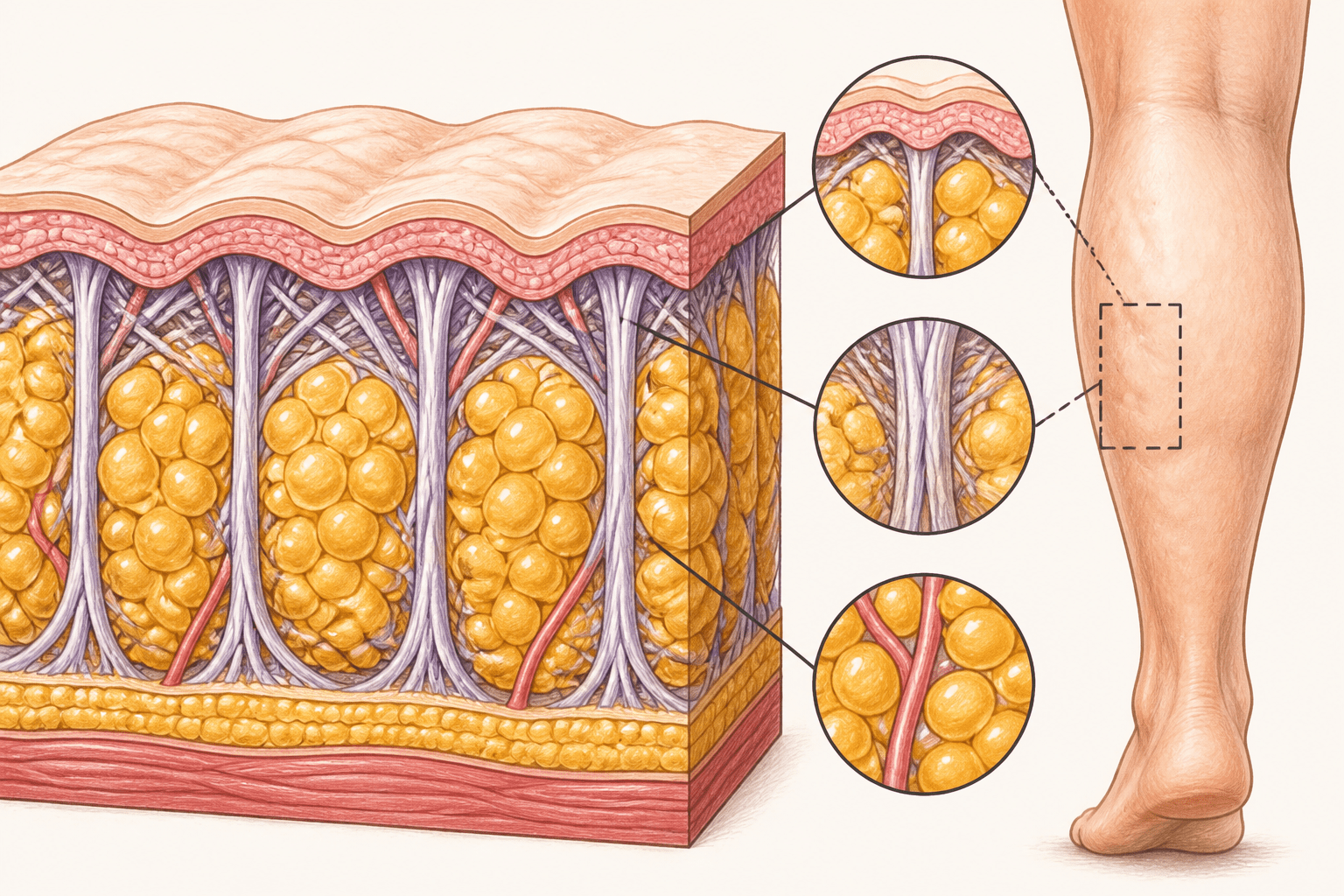 Illustration der Hautschichten an der Wade, die zeigt, wie Fettzellen Cellulite verursachen