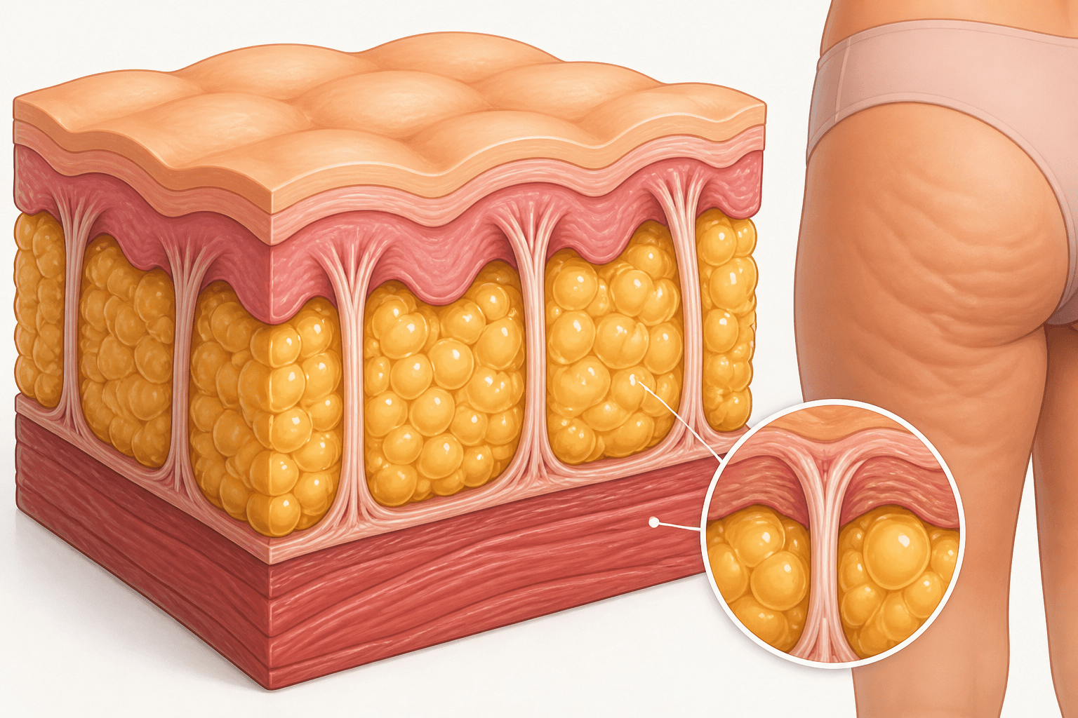 Detailreiche wissenschaftliche Illustration, die einen Querschnitt der Haut mit Cellulite zeigt, Fasern und Fettzellen.