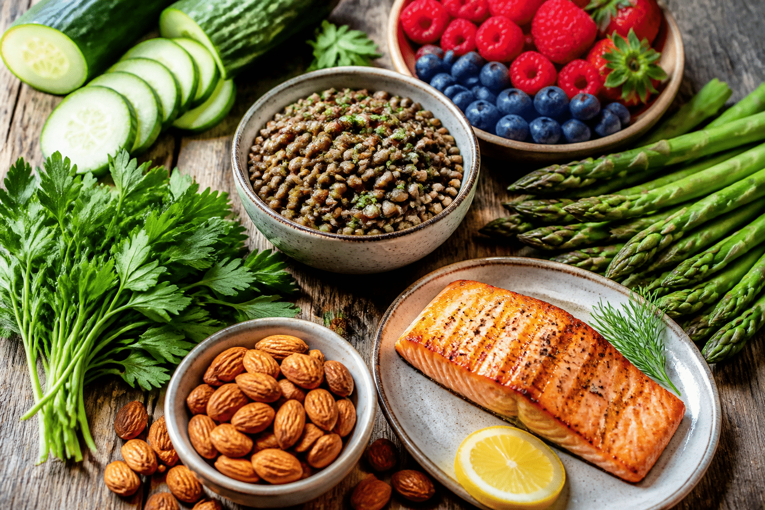 7-Tage Anti-Cellulite-Ernährung Appetitliche Zusammenstellung von entwässernden und kollagenfördernden Lebensmitteln wie Gurken, Spargel, Beeren, Linsen und Fisch, angerichtet auf einem Holztisch.