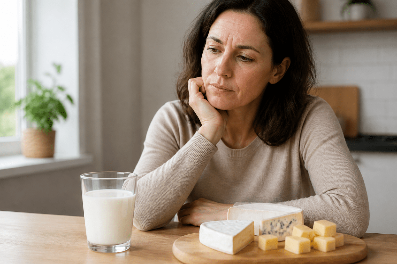 Nachdenkliche Frau betrachtet Milch und Käse, hinterfragt die Wirkung von Milchprodukten auf das Bindegewebe.