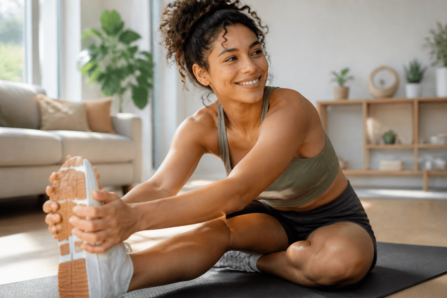 Übungen gegen Cellulite Oberschenkel - Eine junge Frau (20-30er) dehnt ihre Beine nach dem Workout, lächelt zufrieden und strahlt Wohlbefinden aus.