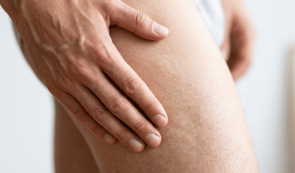 Männliche Hand streichelt nachdenklich über Oberschenkel mit Orangenhaut, symbolisiert Reflexion über Cellulite.