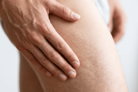 Männliche Hand streichelt nachdenklich über Oberschenkel mit Orangenhaut, symbolisiert Reflexion über Cellulite.
