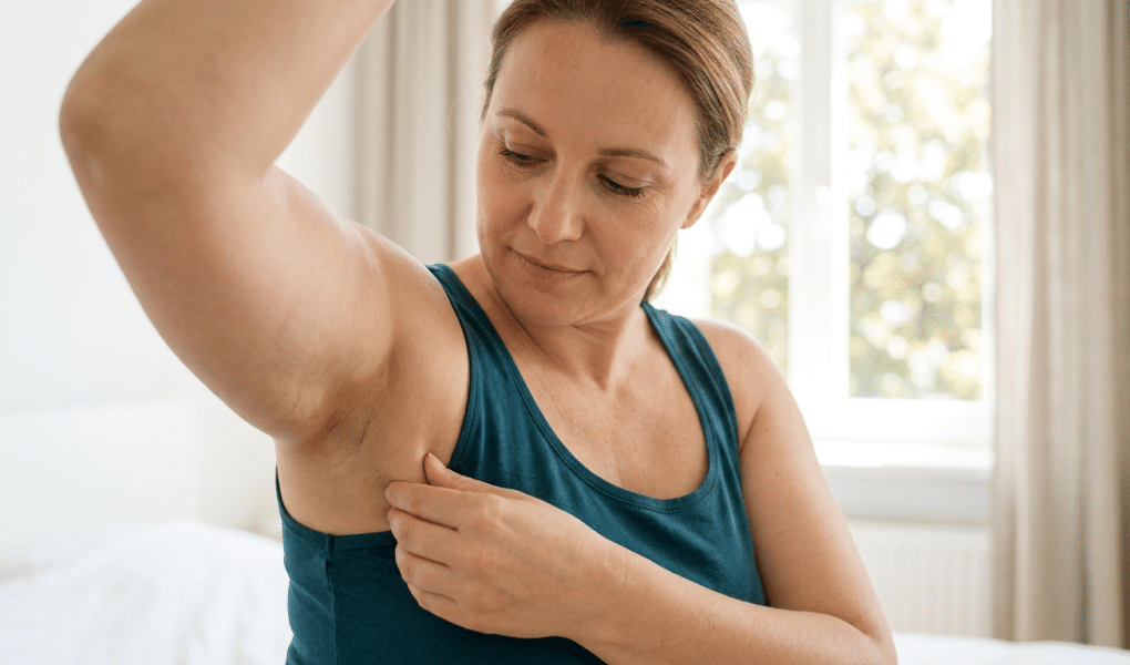 Eine Frau betrachtet nachdenklich ihren Oberarm, auf dem leicht Cellulite zu sehen ist, und strahlt eine Mischung aus Nachdenklichkeit und Entschlossenheit aus.