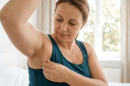 Eine Frau betrachtet nachdenklich ihren Oberarm, auf dem leicht Cellulite zu sehen ist, und strahlt eine Mischung aus Nachdenklichkeit und Entschlossenheit aus.