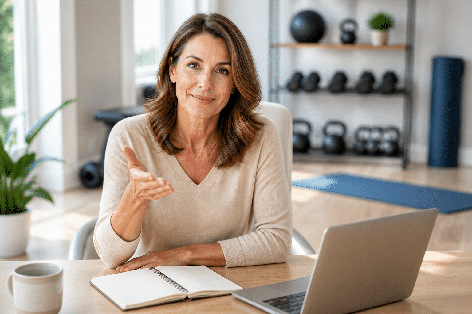 Cellulite weg - Chefredakteurin am Schreibtisch gibt beratende Empfehlung, im Hintergrund ein Fitnessraum