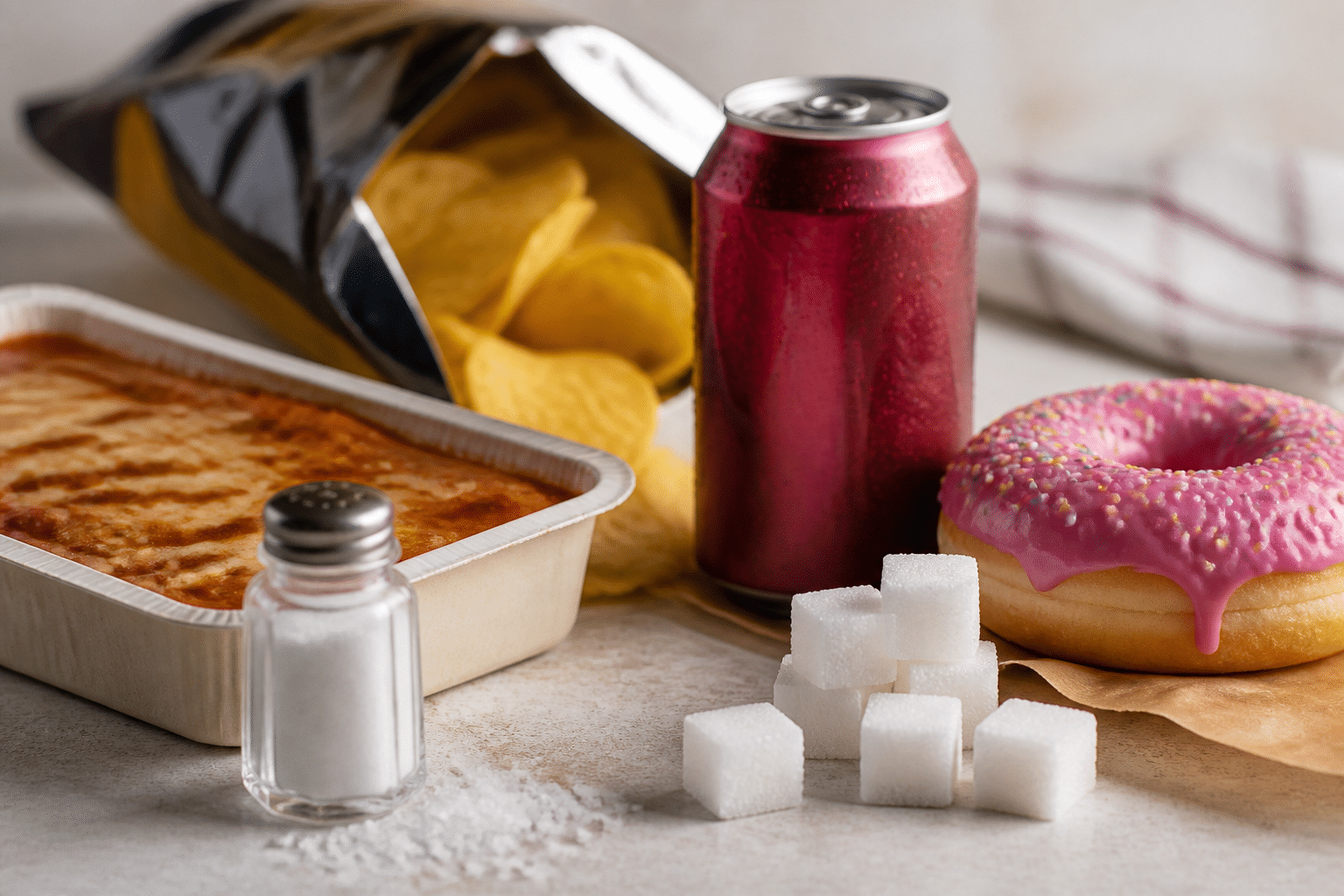 Konzeptbild von verarbeiteten Lebensmitteln wie Fertiggerichten und Softdrinks, die versteckte Salz- und Zuckerquellen darstellen, mit symbolischen kleinen Salzstreuern und Zuckerwürfeln.