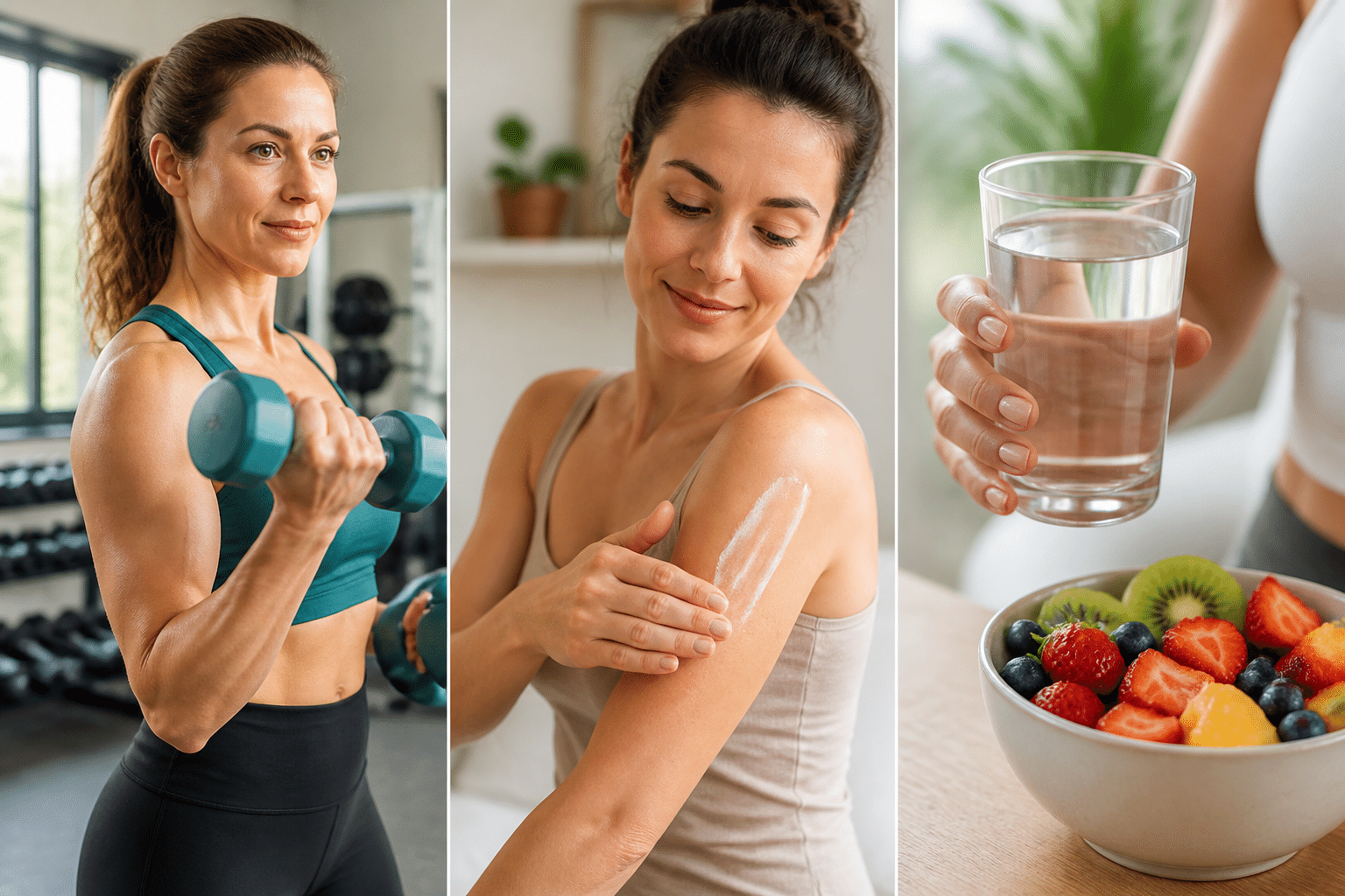was hilft gegen Cellulite an den armen - Collage von Frauen, die Armübungen machen, Cremes einmassieren und gesunde Lebensmittel konsumieren, zur Straffung der Arme