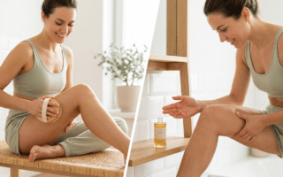 Split-Bild: Eine Hand bürstet sanft einen Oberschenkel, eine andere Hand führt eine Zupfmassage durch, symbolisiert den Vergleich der Methoden.