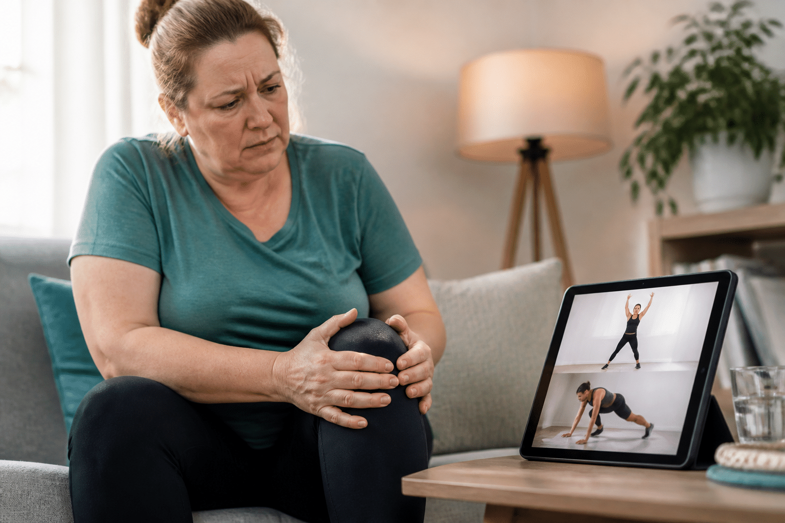 Cellulite Behandlung mit Faszien-Training -Frau mit Übergewicht betrachtet frustriert intensive Sportübungen auf einem Tablet