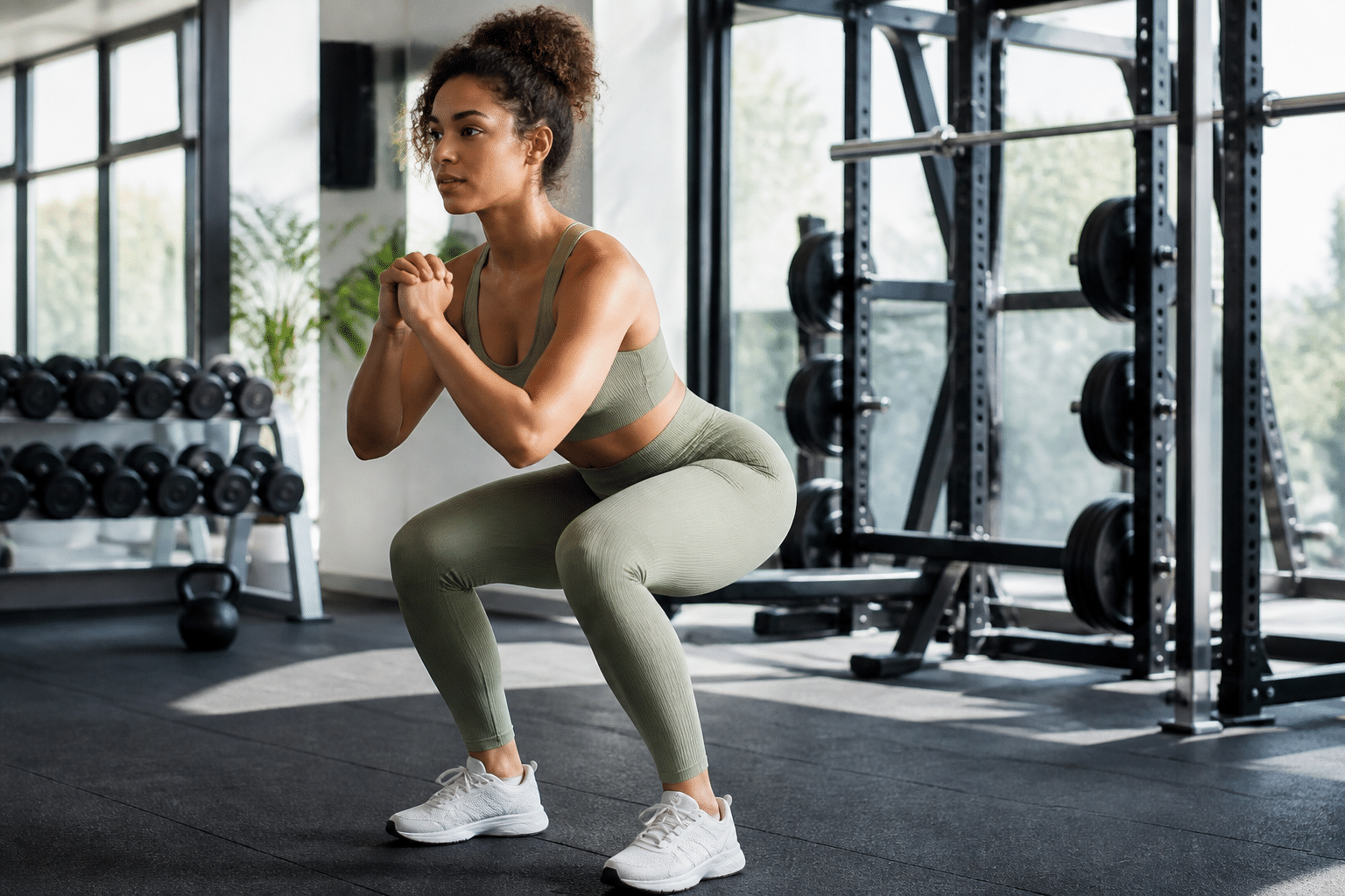 Junge Frau macht Kniebeugen im Fitnessstudio, um Po und Oberschenkel zu straffen und Cellulite zu reduzieren.