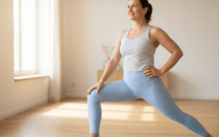 Frau in Sportkleidung macht eine Dehnübung, symbolisiert den Start in ein Anti-Cellulite-Training
