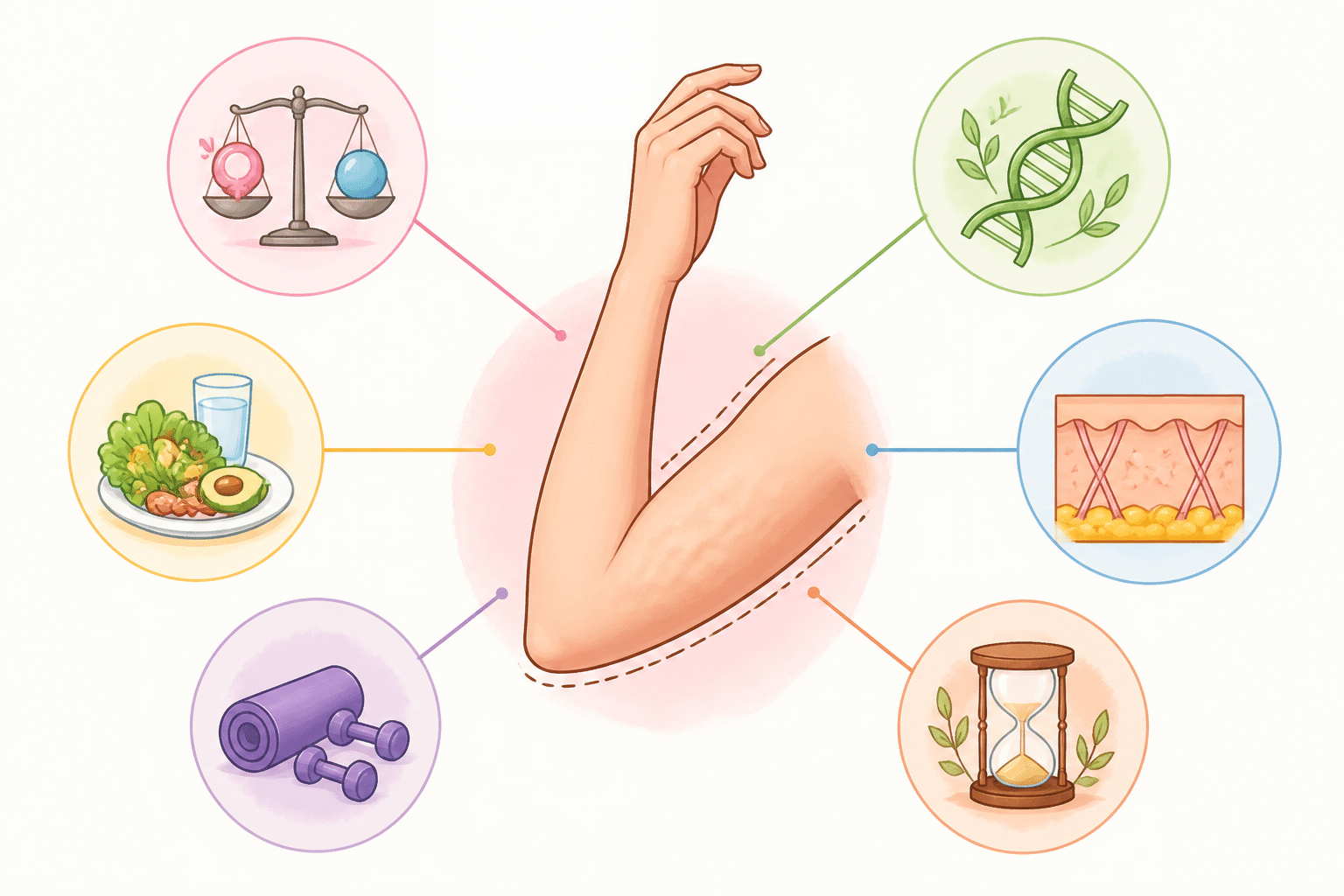 Infografik mit stilisierten Symbolen, die verschiedene Ursachen wie Hormone, Genetik und Lebensstil für Cellulite an den Armen aufzeigt.