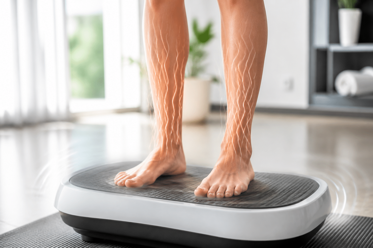 Füße auf Vibrationsplatte, symbolische Wellen visualisieren die Wirkung auf Bindegewebe und Haut
