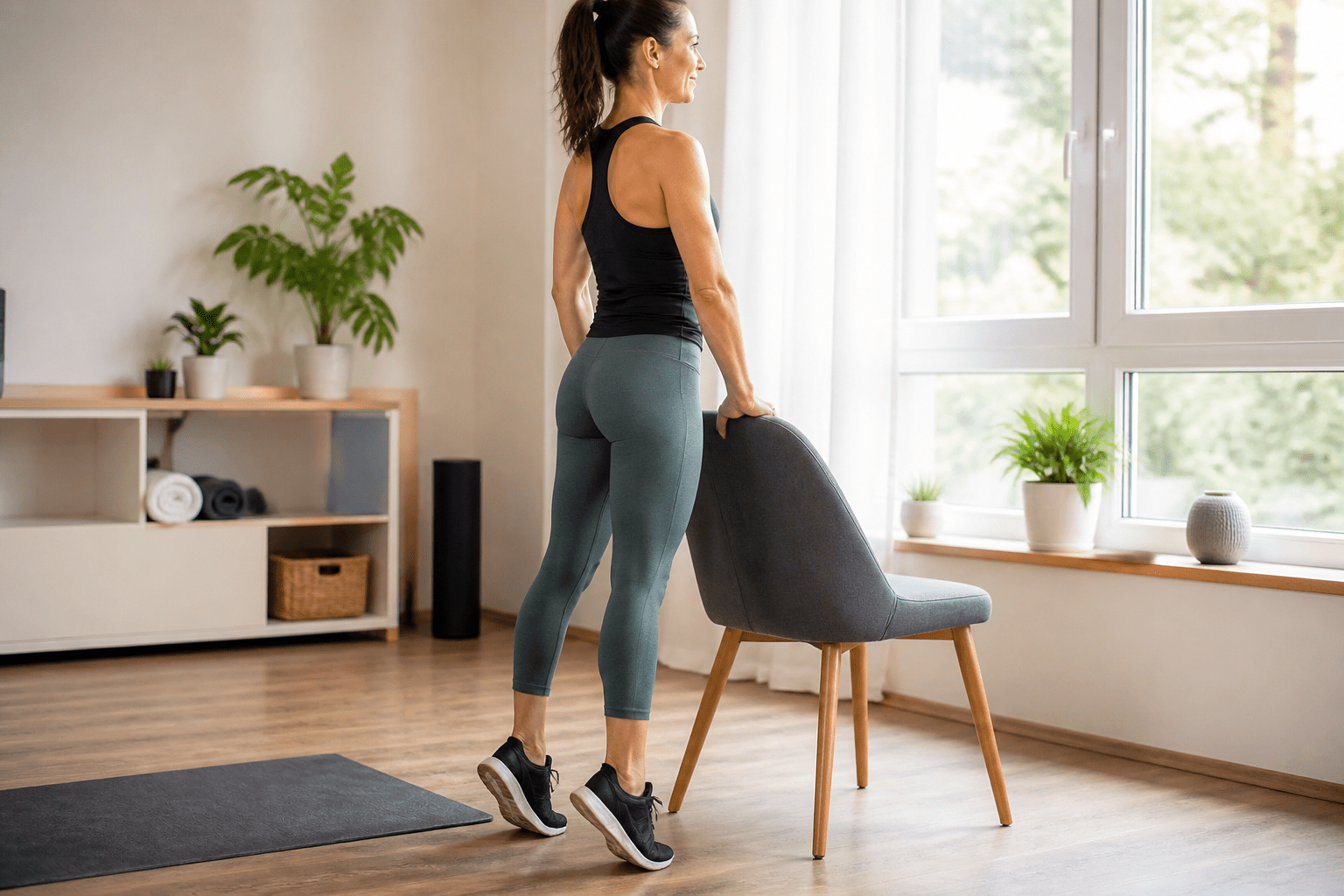 Frau führt Wadenheben als Übung gegen Cellulite an den Waden aus