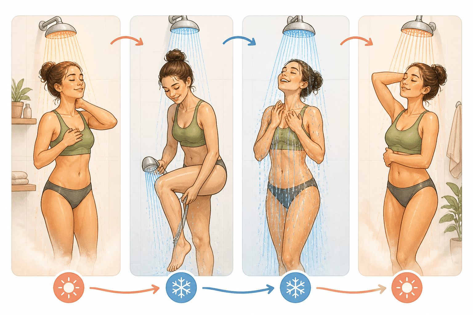 Illustrierte Schritt-für-Schritt-Anleitung, die eine Frau beim Durchführen einer Wechseldusche zeigt, von warm zu kalt und wieder zurück.