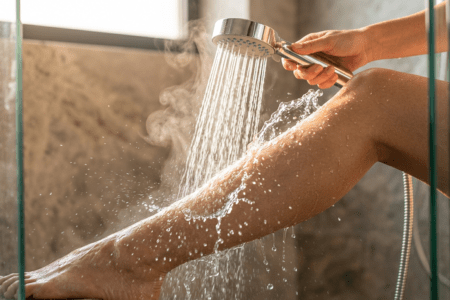 Nahaufnahme eines weiblichen Beins unter wechselnden warmen und kalten Wasserstrahlen in einer Dusche, die die Hautstraffung visualisiert.