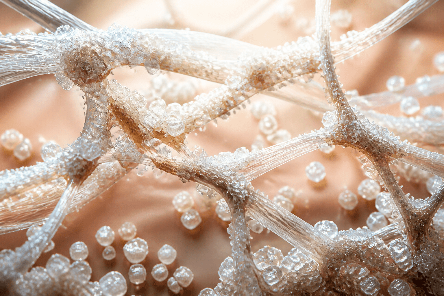 Anti-Cellulite-Ernährung - Zuckerkristalle, die symbolisch Kollagenfasern schwächen und ihnen Elastizität entziehen.