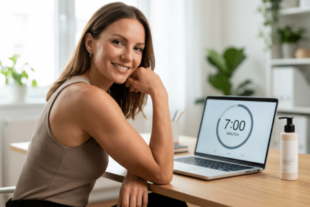 Frau lächelt am Schreibtisch, zeigt straffe Arme, während eine '7 Minuten' Stoppuhr auf ihrem Laptop zu sehen ist – symbolisch für die 7-Minuten-Routine: Straffe Arme ohne Fitnessstudio (Home-Office Edition).