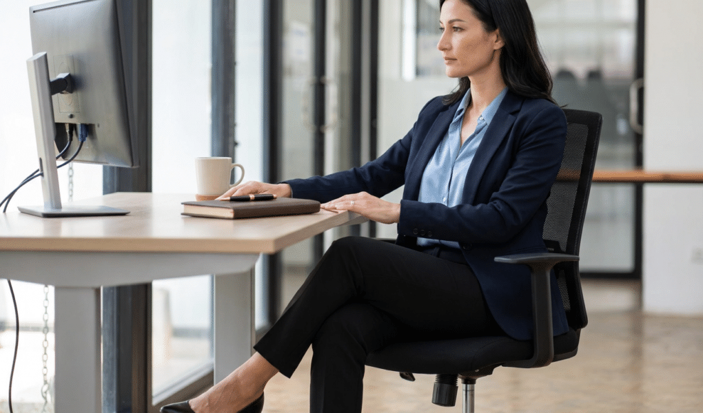 Anti-Cellulite-Training im Büro: 5 unsichtbare Übungen für den Schreibtisch: Frau in elegantem Büro, die unsichtbares Anti-Cellulite-Training im Büro am Schreibtisch ausführt.