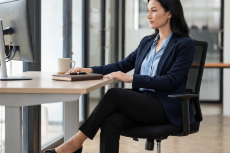 Anti-Cellulite-Training im Büro: 5 unsichtbare Übungen für den Schreibtisch: Frau in elegantem Büro, die unsichtbares Anti-Cellulite-Training im Büro am Schreibtisch ausführt.