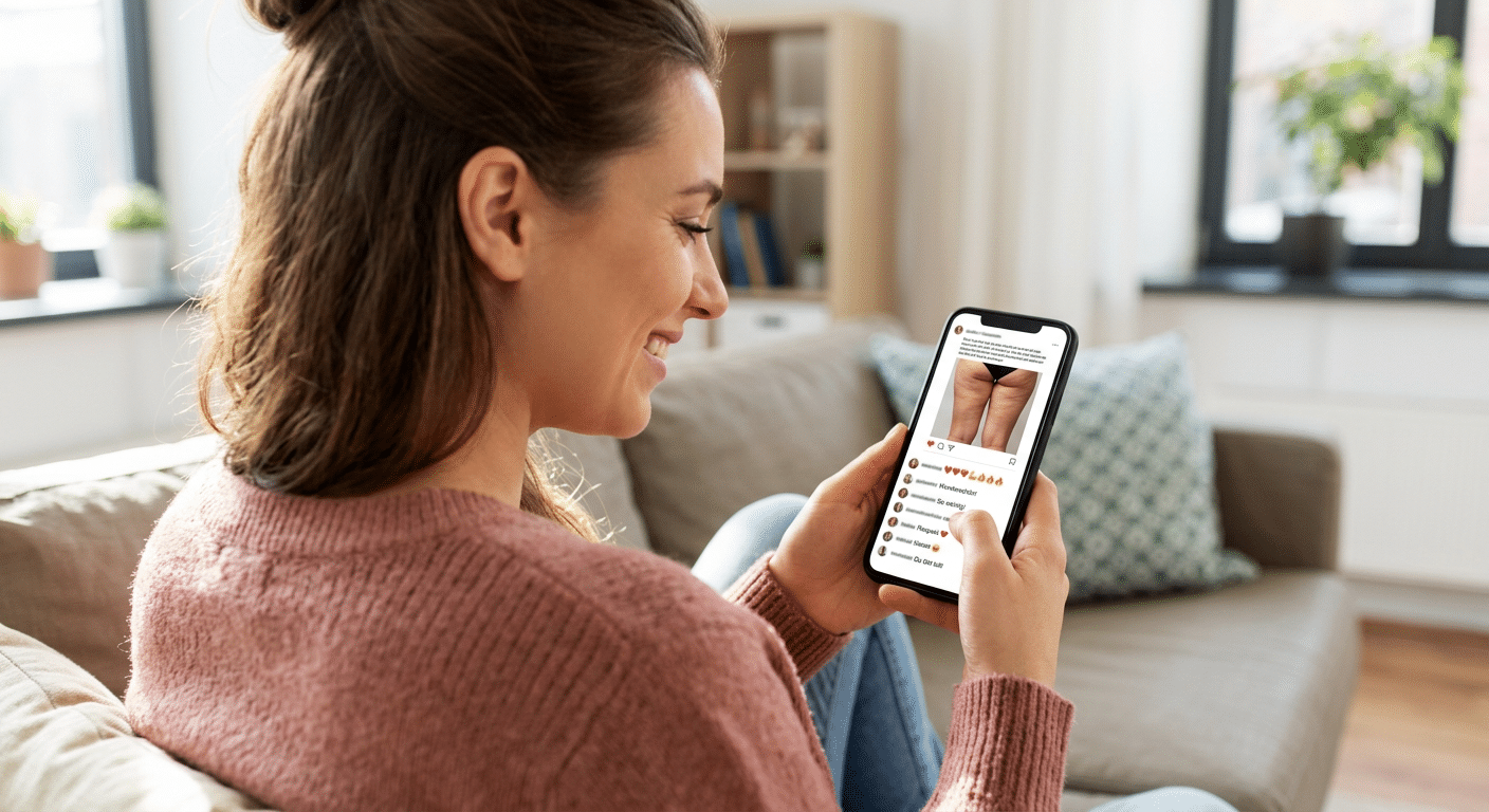 Frau sieht positive Kommentare auf Social Media zu ihrem Bild mit Cellulite, das sie selbst gepostet hat.