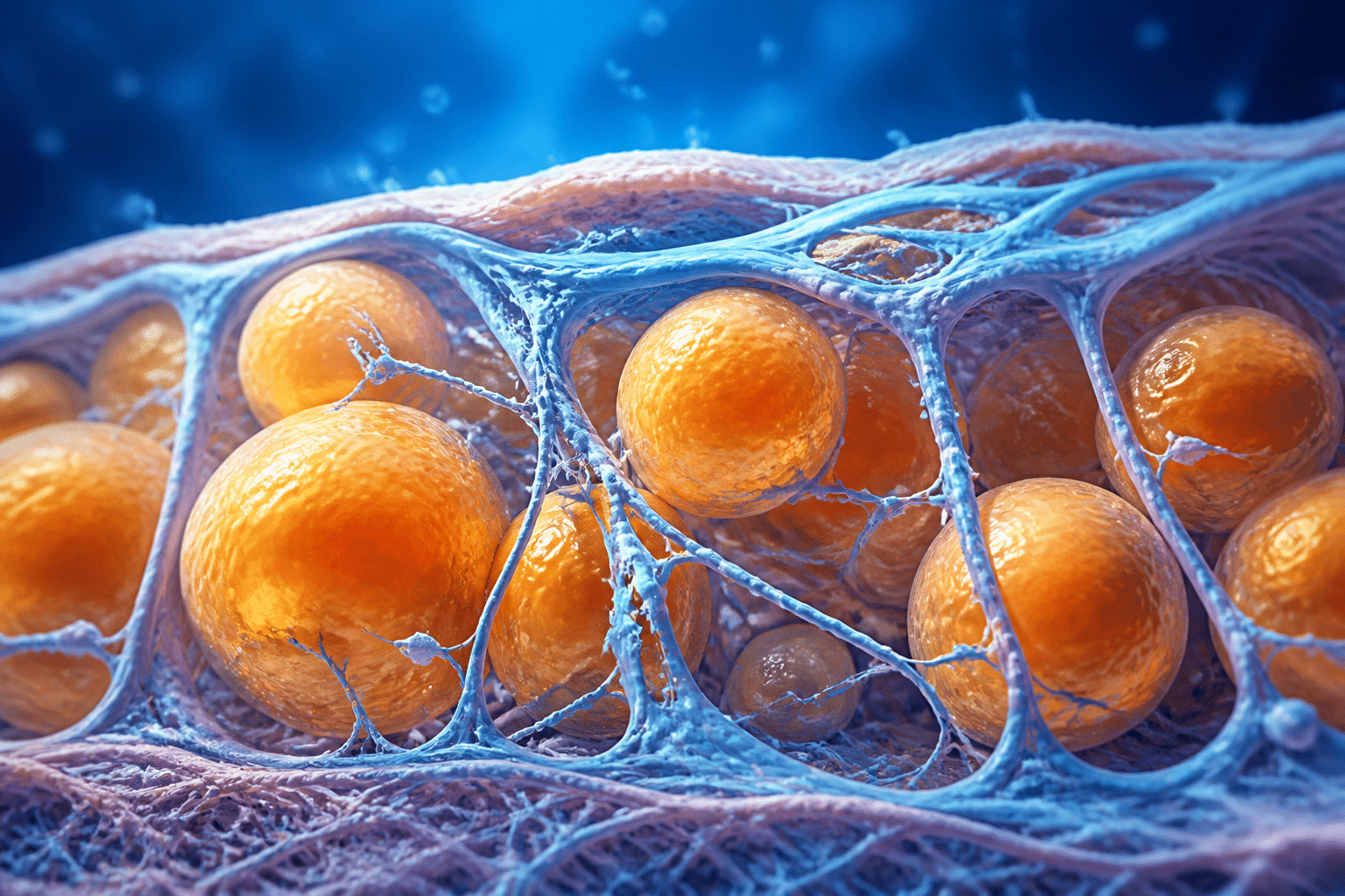 Mikroskopische Ansicht von Bindegewebe mit Fettzellen, die die komplexe Beziehung zwischen Hormonen und Cellulite beleuchtet