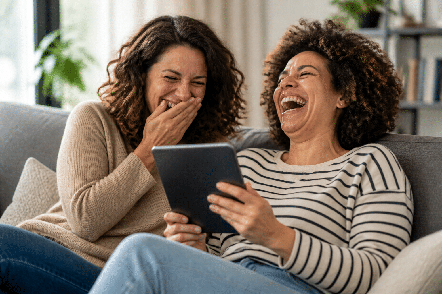 schönheit sprüche lustig: Zwei Freundinnen lachen ausgelassen zusammen, was die stärkende Wirkung von Humor auf die Schönheit und das Wohlbefinden symbolisiert.