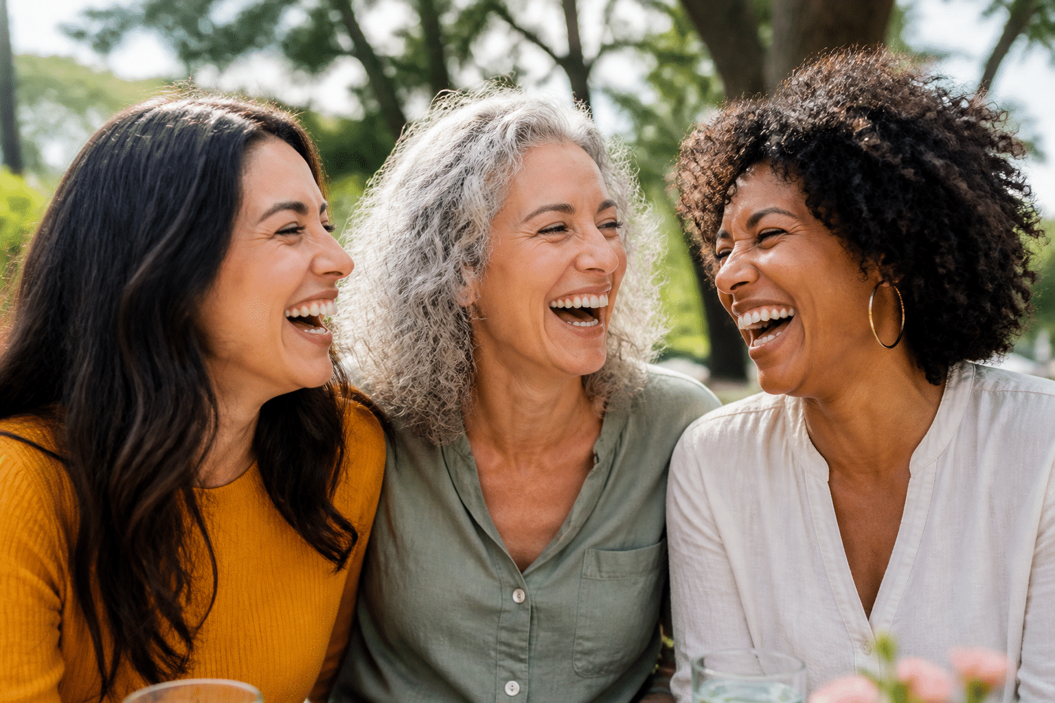 schönheit sprüche lustig: Eine fröhliche Gruppe von Frauen lacht gemeinsam und zeigt, wie Lachen und Freundschaft die schönste Form der Schönheit sind.