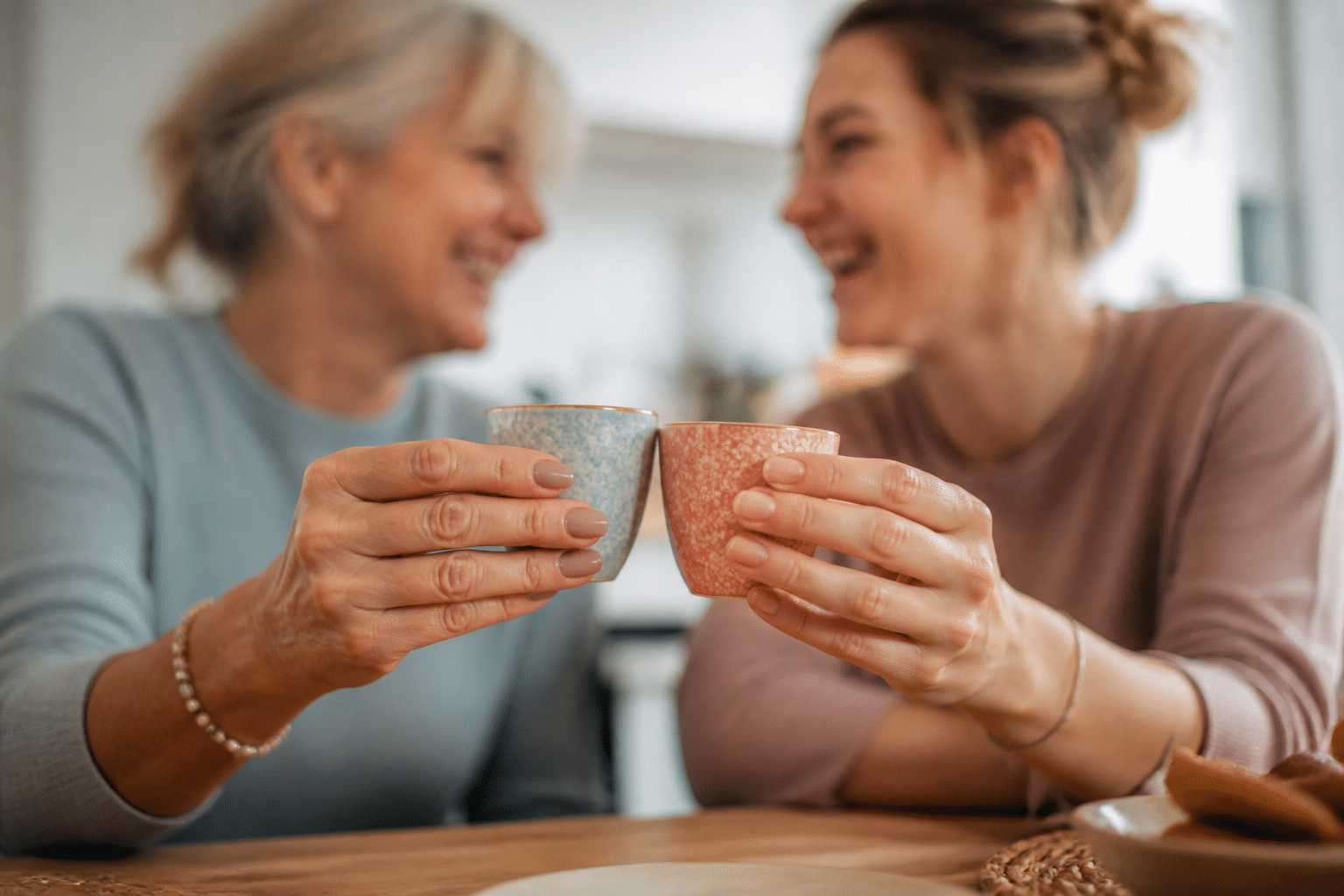lustige sprüche schönheits op: Zwei Hände stoßen mit Tassen an, während im Hintergrund lachende Gesichter angedeutet sind, was den unterstützenden Einsatz von Humor im Kreis von Freunden und Familie veranschaulicht.