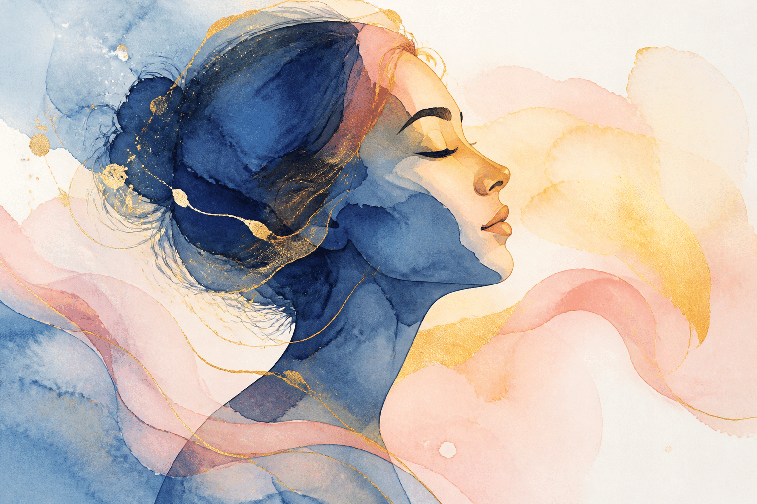 schönheit sprüche kurz: Abstraktes Aquarellbild, das die Seele und innere Schönheit einer Frau darstellt.