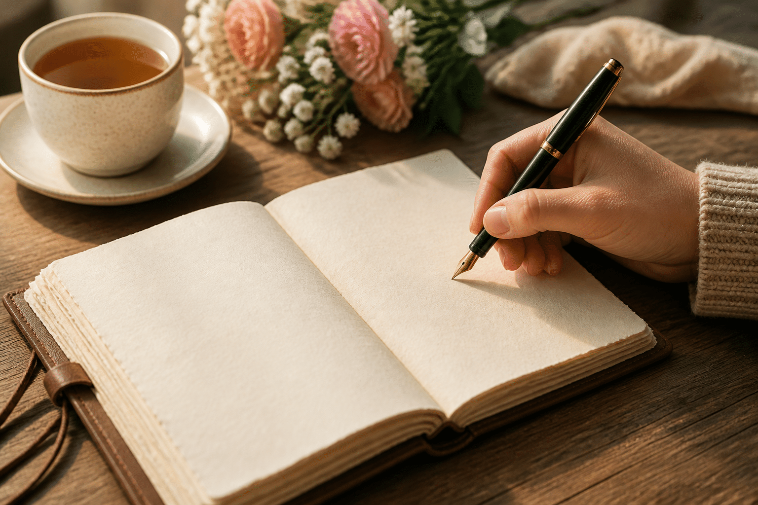 schönheit ist nicht alles sprüche: Eine Hand schreibt einen inspirierenden Spruch über innere Schönheit in ein Notizbuch, um die Kraft der Worte zu zeigen.